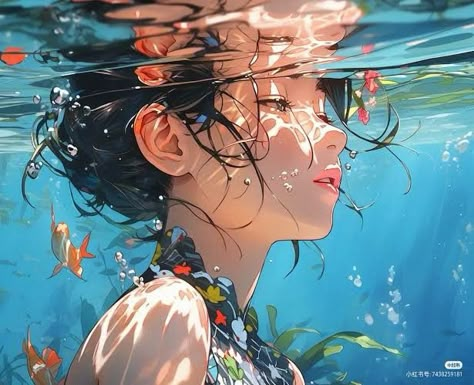 Character Painting Ideas, Underwater Drawing, Underwater Cartoon, Mermaid Pose, Underwater Portrait, Ocean Drawing, Character Painting, Underwater Painting, Underwater Art