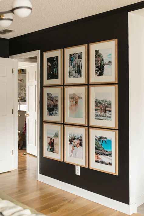 Tricorn Black Bedroom, Family Photo Gallery Wall, Black Walls Bedroom, Tricorn Black, Family Gallery Wall, Family Photo Wall, Black Bedroom, Bedroom Layouts, Black Walls