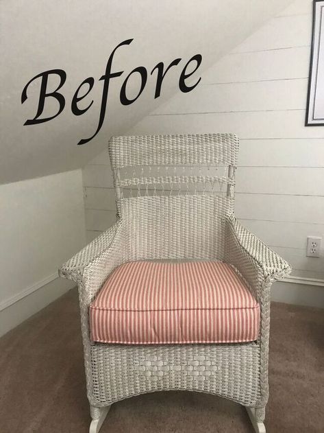 Upcycled Wicker Chair, Painted Wicker Chairs Ideas, Painted Wicker Chairs, Diy Wicker Chair, Wicker Chair Makeover, Spray Paint Wicker, Wicker Makeover, Painting Wicker, Paint Wicker