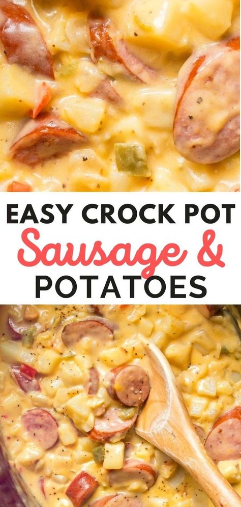 Crock pot sausage and potatoes is a delicious slow cooker family dinner recipe with juicy sausage and cheesy, creamy potatoes. There's nothing more satisfying than easy meals like this one! Simply prepare for lunch and dinner then set and forget until you're ready to eat! Check out the easy sausage American recipe HERE Kilbasa Sausage Recipes, Crockpot Sausage And Potatoes, Crock Pot Sausage, Smoked Sausage And Potato Recipe, Sausage Crockpot Recipes, Sausage Slow Cooker, Crockpot Sausage, Easy Sausage Recipes, Potatoes Healthy