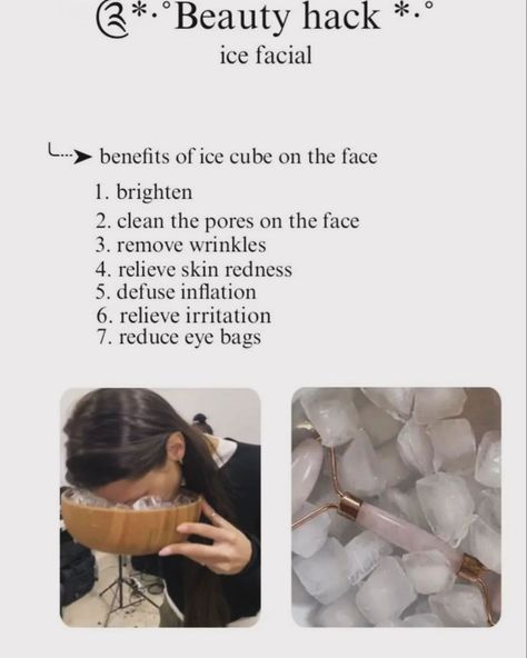 Benefits of ice cube on the face 🧊❄️ Viralpost, explorepage, ice cube , facial Ice Cube Face, Reduce Eye Bags, Ice Facial, Selfcare Skincare, Skin Redness, Healthy Lifestyle Inspiration, Glow Up Tips, Eye Bags, Wrinkle Remover