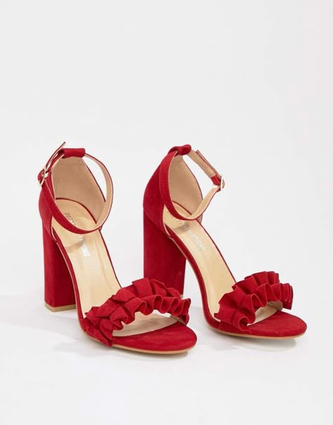 PrettyLittleThing ruffle block heeled sandals in red Red Heel Shoes, Red Block Heels, Red Sandals Heels, Homecoming Shoes, Shoes Heels Classy, Elegant Sandals, Red High Heels, Red Sandals, Fresh Shoes