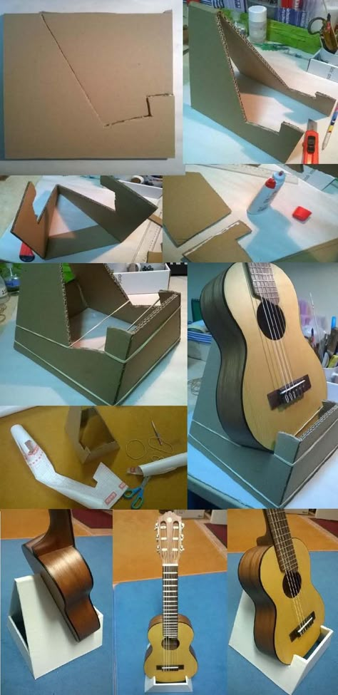 Cardboard Guitar Stand, Diy Ukulele Stand, Guitar Holder Diy, Ukelele Decoration Ideas, Ukulele Decoration, Akordy Na Ukulele, Diy Guitar Stand, Ukulele Holder, Ukulele Diy