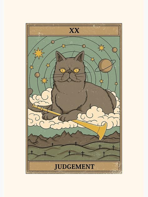 The Judgement Tarot, Cat Tarot Cards, Judgement Tarot, Judgement Tarot Card, Black Cat Art, Tarot Cards Art, Scrapbook Stickers Printable, Celestial Art, Vintage Drawing