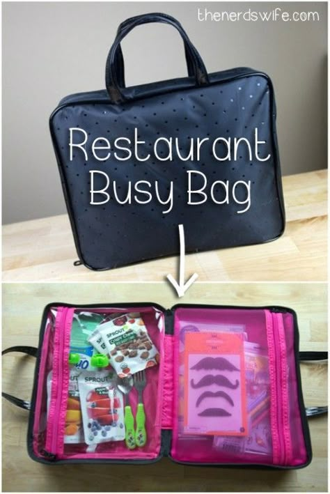 Restaurant Busy Bag -- everything you need to keep kids happy and not hungry when eating out. Restaurant Busy Bag, Travel Busy Bags, Toddler Busy Bags, Kids Travel Activities, Not Hungry, Activity Bags, Busy Boxes, Kid Hacks, Baby Activities