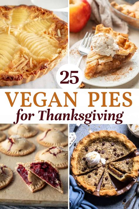 The best vegan pie recipes to serve at Thanksgiving and Christmas! From pumpkin and apple to chocolate and banana cream, all of the amazing flavors you need are here in this list. With many gluten-free options. Find your new favorite vegan pie recipe plus tips for serving and the best pie crusts and whipped topping options! Pie Recipes Vegetarian, Vegan Butterscotch Pie, Vegan Thanksgiving Pie Recipes, Vegan Thanksgiving Dinner Ideas, Vegan Mini Pumpkin Pies, Vegan Pie Recipes Desserts, Pumpkin Pie Recipe Vegan, Vegan Gluten Free Thanksgiving Dessert, Easy Vegan Pie Recipes