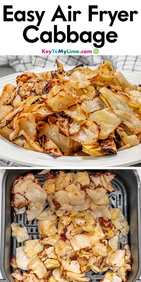 Two images of air fryer cabbage, with title text at the top. Air Fryer Fried Cabbage Recipes, Air Fry Cabbage Recipe, Fried Cabbage In Air Fryer, Cabbage Fritters Air Fryer, Air Fried Cabbage Wedge, Cooked Cabbage, Winter Dinner, Cheap Dinners, Air Fryer Dinner Recipes