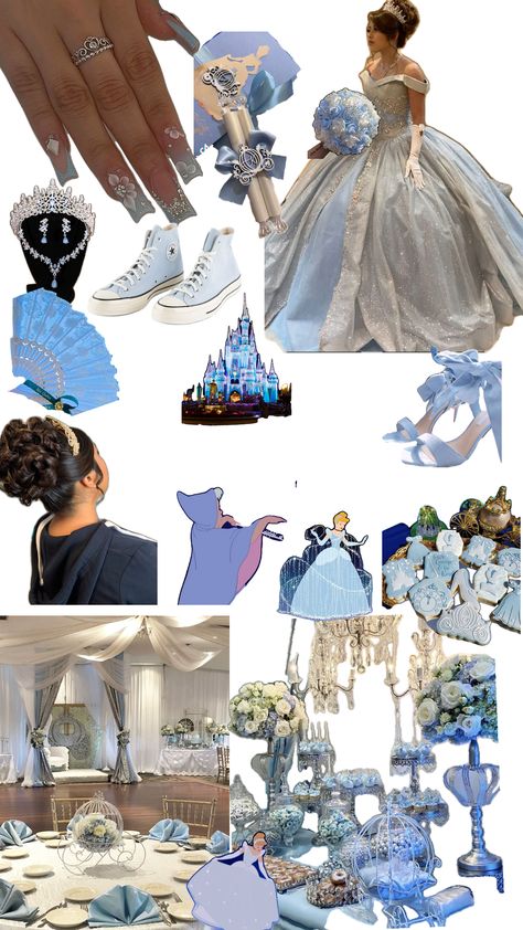 cinderella themed Quinceañera Sweet 15 Cinderella Theme, 15 Cinderella Theme, Cinderella Quince Theme Ideas, Cinderella Quinceanera Themes Ideas, Cinderella Dress Quinceanera, Cinderella Centerpiece Ideas Quince, Frozen Quinceanera Theme, Sky Blue Quinceanera Theme, Cinderella Quince Theme