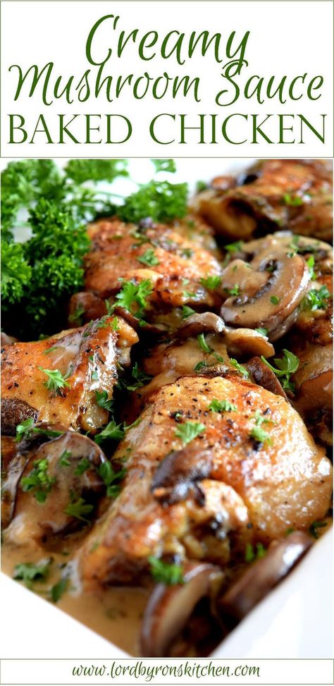 Pan-seared chicken thighs, nestled in a thick, creamy mushroom sauce.  Infused with the flavours of fresh mushrooms and the deep, comforting tastes and aroma of dried thyme.  Creamy Mushroom Sauce Baked Chicken is sure to be a family favourite!  … Cream Of Mushroom Chicken, Chicken Breast Crockpot Recipes, Mushroom Sauce Recipe, Chicken Shawarma Recipe, Crockpot Chicken Breast, Pan Seared Chicken, Mushroom Soup Recipes, Ground Chicken Recipes, Cream Of Mushroom Soup