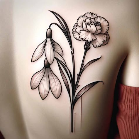 Carnation Snowdrop Flower Tattoo, Snowdrop Flower Tattoo Designs, Snowdrop Flower Tattoo With Name, Snowdrop Tattoo Birth Flower, January Flower Tattoo Snowdrop, Snowdrop Carnation Tattoo, Snow Drop Tattoo Design, Carnation Birth Flower Tattoo, January Tattoo Ideas Birth Month