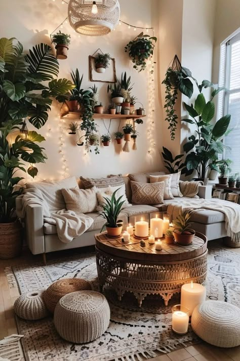 Living Room Decor Cozy With Plants, Small Rental Home Decorating, Living Room Designs Quirky, Living Room Corner Space Ideas, Nature Tone Living Room, Cozy Living Room On A Budget, Boho Sunroom Decor, Cute Funky Apartment, Flower Apartment Decor