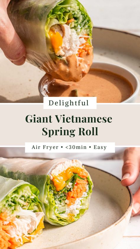 Craving something fresh and flavourful? These giant Vietnamese spring rolls (also known as “Summer Rolls”) are everything! 🥢 Filled with crisp veggies, tender coconut poached chicken, wrapped in soft rice paper, and dipped in a rich coconut peanut sauce. Perfect for a light end of the summer meal or office lunch. Who’s rolling with me? 🍃🥭

#summerroll #coconut #chicken #chickenrecipes #airfryer #airfryerrecipes Spring Rolls Recipe Chicken, Air Fryer Spring Rolls Rice Paper, Peanut Butter Salad, Vietnamese Spring Rolls Recipe, Rice Wraps, Vietnamese Spring Rolls, Spring Roll Wrappers, Chicken Spring Rolls, Rice Paper Rolls