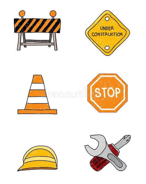 Construction Doodle Signs vector illustration Construction Drawings Art, How To Draw Construction Vehicles Easy, Construction Tools Drawing, Construction Doodles, Construction Site Drawing, Construction Site Illustration, September List, Construction Stickers, Construction Symbols