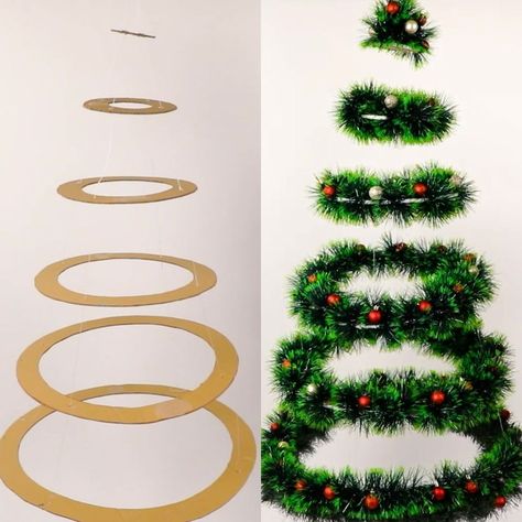 Diy Spiral Christmas Tree, Christmas Tree From Cardboard, Christmas Tree Spiral, Diy Xmas Decor, Spiral Christmas Tree, Cardboard Christmas Tree, Spiral Tree, Hanging Christmas Tree, Easy Christmas Decorations