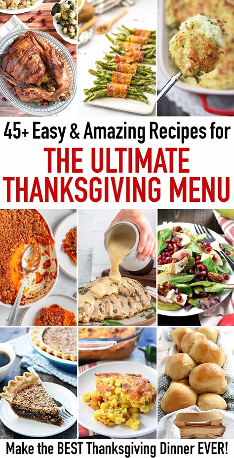 Thanksgiving Menu Planner collage with over 45 Thanksgiving recipes from Thanksgiving turkey and main dishes to Thanksgiving sides, Thanksgiving desserts, and more. Christmas Turkey Dinner Menu Ideas, Thanksgiving Menus Ideas, Thanksgiving Day Recipes, Thanksgiving Day Menu Ideas, Thanks Giving Menu Ideas, American Thanksgiving Food, Turkey Dinner Ideas Thanksgiving, Traditional Thanksgiving Menu List, Classic Thanksgiving Menu List