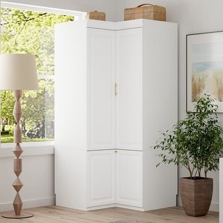 100% Solid Wood Cosmo 4-Door Wardrobe with Solid Wood or Mirrored Doors - On Sale - Bed Bath & Beyond - 37717187 Small Armoire Ideas, Corner Armoire Bedroom, L Shaped Corner Cabinet, Tiny Closet Storage, Corner Closet Organization, Corner Closets, Corner Closet Ideas, Corner Storage Ideas, Corner Armoire