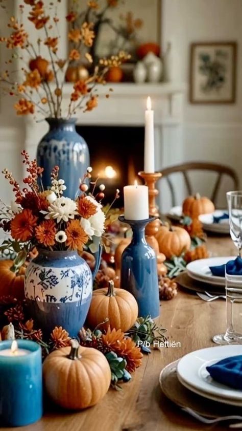 Navy Blue Fall Color Palette, Navy Fall Decor, Fall Dining Table Decor, Thanksgiving Dinnerware, Fall Floral Centerpieces, Blue Fall Decor, Fall Dining Table, Navy Blue Throw Pillows, Blue Halloween