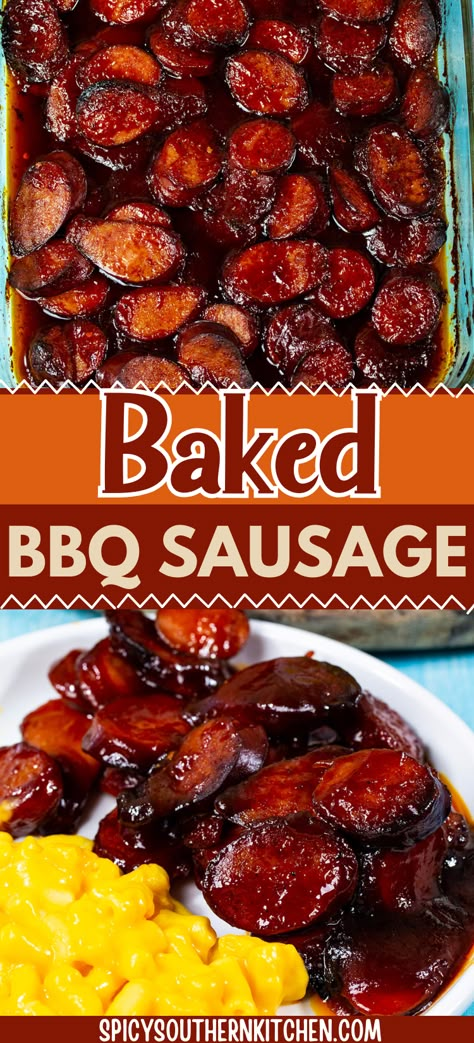 Baked BBQ Sausage- Kielbasa sausage is coated in a sweet and tangy sauce and baked until crispy around the edges. Makes a wonderful easy appetizer for the holidays or game day. Baked Bbq Sausages In Oven, Bbq Kielbasa Crockpot, Recipes For Dinner With Sausage, Sausage Sauce Recipes, Bbq Polish Sausage, How To Cook Kielbasa On The Stove, Baked Summer Sausage, Sausage Links In Crockpot, Bbq Smoked Sausage Recipes