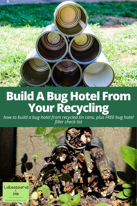 Build a bug hotel from your old recycling and encourage more wildlife to visit your garden. This post also includes a free printable checklist that you can download and save to take with you on your next walk - it'll help you collect the right fillers for your bug hotel that the insects will love. This a cheap, easy DIY project for kids and a great way to teach children about the environment, the world around them and about biodiversity. #earthday #earthweek #biodiversity #recycling #upcycle Insect Garden Ideas, How To Build A Bug Hotel, Make A Bug Hotel, Bugs Hotel Ideas, Diy Pollinator Hotel, Insect Hotels Diy, Bug Hotels For Kids, Bug Garden Ideas, Bug Houses For Kids To Make