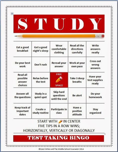 Test Taking and Study Skills Bingo - The Middle School Counselor Middle School Study Skills, Study Skills Worksheets, Middle School Counselor, High School Counseling, Middle School Counseling, Test Taking Strategies, Study Strategies, Counseling Lessons, Guidance Lessons