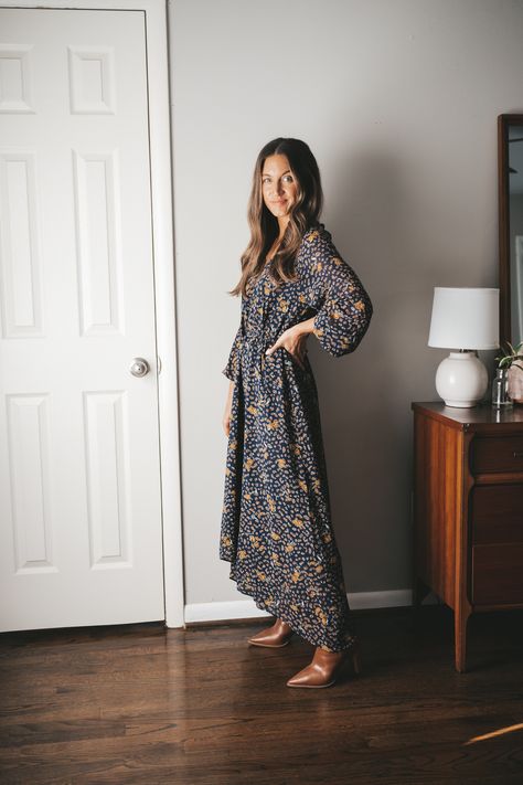 Thanksgiving Outfit Ideas - Stitch & Salt Fall Flower Dress Outfit, Fall Dress Styles Outfit Ideas, Fall Dress Outfits With Boots, Casual Fall Dresses 2022, Boots With Maxi Dress Fall, Dress Pants Wedding Guest Outfit Ideas, Shoes To Wear With Fall Dresses, Dressy Thanksgiving Outfit Women, Fall Casual Dress Outfits