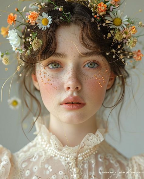 Flower Make Up Looks, Makeup With Flowers, Female Poses Reference, Australian Forest, Pencil Colour Painting, Face With Flowers, Flower On Head, Aesthetic Face, Bride Head