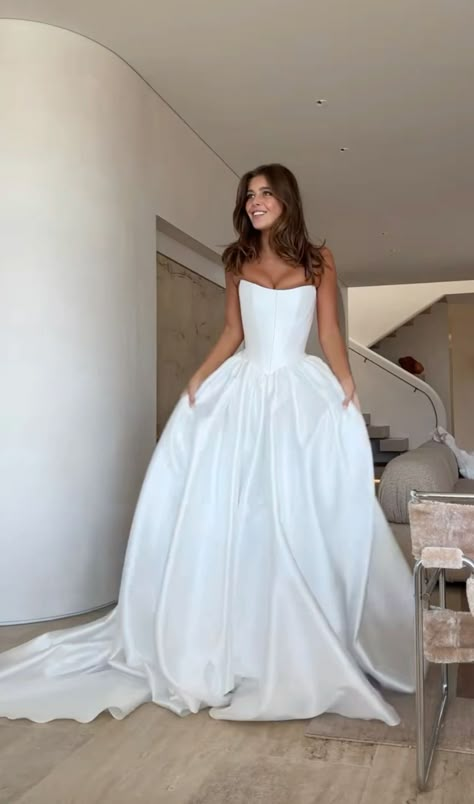 Satin Bardot Wedding Dress, Timeless Wedding Dress Ballgown, Simple Poofy Wedding Dress, Wedding Dress Satin Ballgown, Wedding Dress Dropped Waist, Big Skirt Wedding Dress, Wedding Dresses Classy Elegant, Classic Minimalist Wedding Dress, Princess Dress Modern