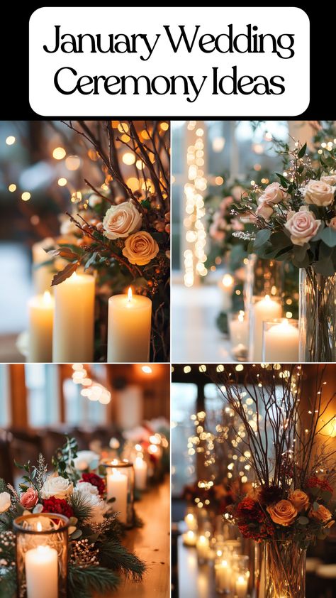 A beautiful January wedding ceremony with winter-themed decor, warm lighting, and seasonal flowers. Winter Garden Wedding Decor, Winter Wedding Flower Decorations, Winter Wedding Photo Booth, Cozy Winter Wedding Decor, Cozy Winter Wedding Ideas, Winter Wedding In Florida, Winter Wedding Reception Decor, Winter Wedding Lights, January Wedding Ideas Decoration