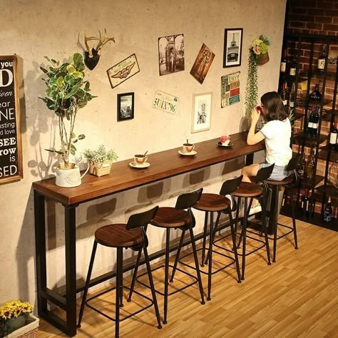 Narrow Coffee Table, Simple Cafe, Small Cafe Design, Cozy Coffee Shop, Bg Design, Cafe Shop Design, Home Balcony, Coffee Shops Interior, Bar Tables