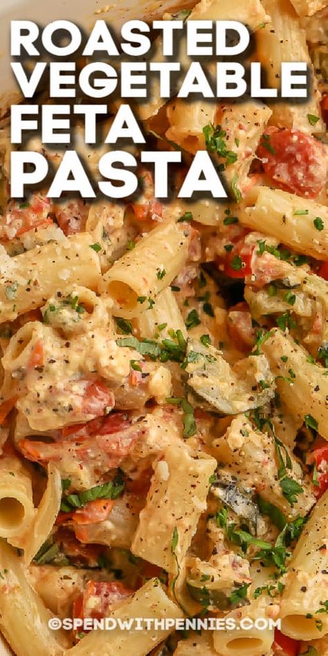 This tasty variation on the viral tiktok baked feta pasta is sure to please. Made with roasted vegetables, it's easy and better than the original! #spendwithpennies #fetapasta #fetapastarecipe #baked #tomato #tiktok #viral #creamy #cherrytomato #easy #onepan #howtomake #oven #baked Feta Pasta Bake, Pasta With Feta Cheese, Homemade Chicken Alfredo, Veggie Pasta Recipes, Baked Feta Pasta, Roasted Vegetable Pasta, Homemade Pesto Sauce, Baked Feta, Feta Recipes