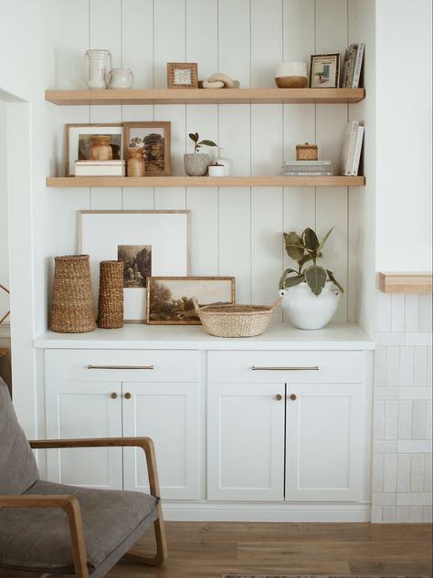 Oak floating Shelves Float Shelf, Oak Floating Shelves, Built In Shelves Living Room, Living Room Built Ins, Shelves Living Room, Fireplace Built Ins, Hallway Storage, Living Room Shelves, Room Shelves