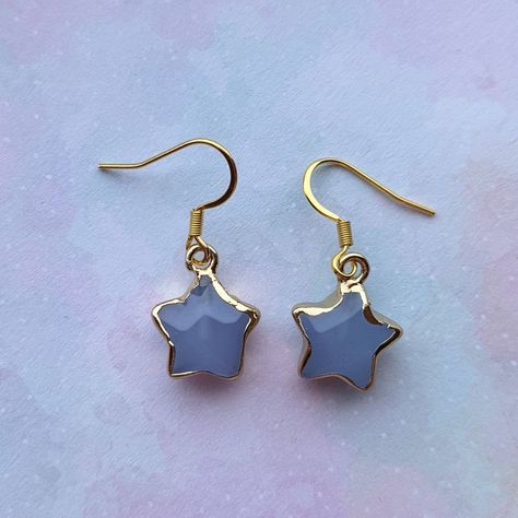 Blue Agate stars measure approx 13mmx13mm on golden stainless steel hooks Blue And Gold Jewelry, Blue And Gold Earrings, Trendy Blue Star Shaped Jewelry, Star Accessories, Blue Star Earrings, Blue Star-shaped Celestial Jewelry, Blue Star Charm Drop Earrings, Blue Star Charm Dangle Earrings, Gold Star Earrings