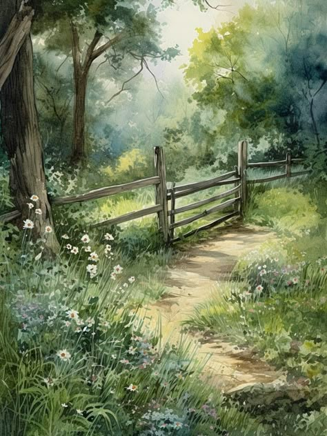 Watercolor Art Landscape, Soyut Sanat Tabloları, Pola Sulam, Landscape Art Painting, 수채화 그림, Watercolor Landscape Paintings, Watercolor Art Lessons, Wooden Fence, Painting Art Projects