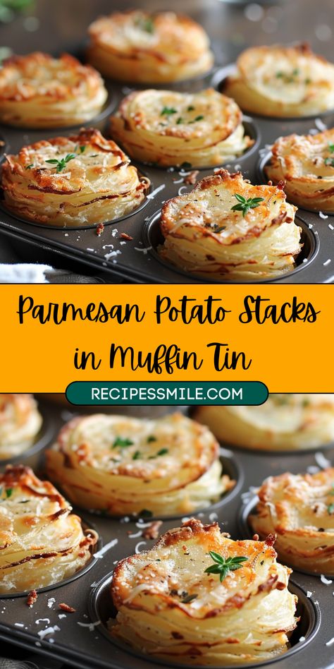 Gruyere And Ham Potato Stacks, Different Side Dishes Dinners, Cheesy Potatoes In Muffin Tin, Potato’s In Muffin Pan, Stacked Roasted Potatoes, Muffin Tin Potatoes Gratin, Baked Potato Bites Appetizers, Parmesan Stacked Potatoes, Garlic Stacked Potatoes