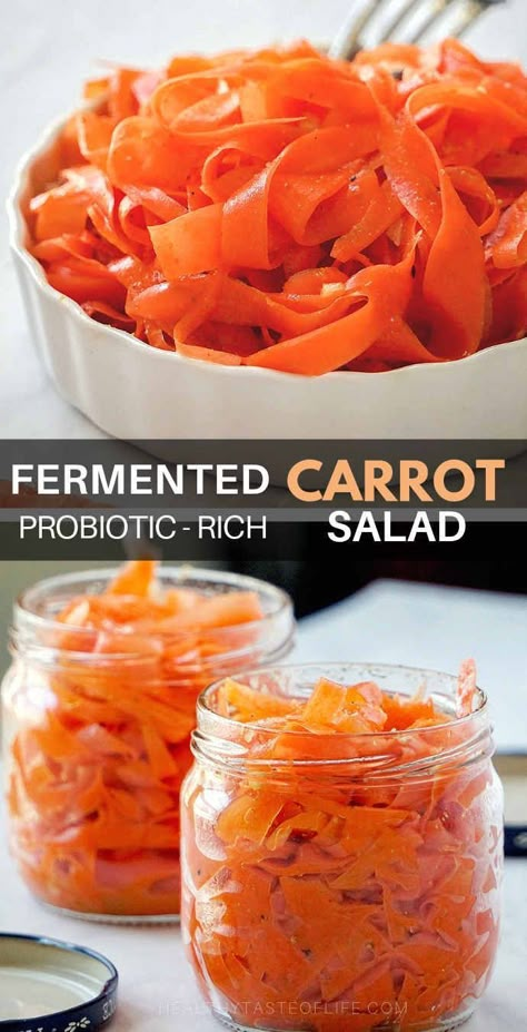 Lacto Fermented Carrot Salad Recipe - an easy and healthy Paleo, Whole 30, And Vegan Carrot Salad made with fermented shaved carrots and a mix of spices. A probiotic-rich, tangy and fragrant carrot salad that can be served as a side dish or topping with your lunch or dinner. Fermented Vegetables Recipes, Whole 30 Vegan, Resep Vegan, Lacto Fermented, Carrot Salad Recipes, Fermented Veggies, Healthy Probiotics, Fermentation Recipes, Fermented Vegetables