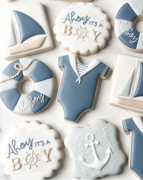 Ahoy Birthday Theme, Pirate Themed Baby Shower Ideas, Ahoy It’s A Boy Cookies, Ahoy It’s A Boy Baby Shower Theme, Sailing Theme Nursery, Whale Baby Shower Cookies, Ahoy It's A Boy Baby Shower Ideas, Sailor Themed Nursery, Ahoy Its A Boy Cake