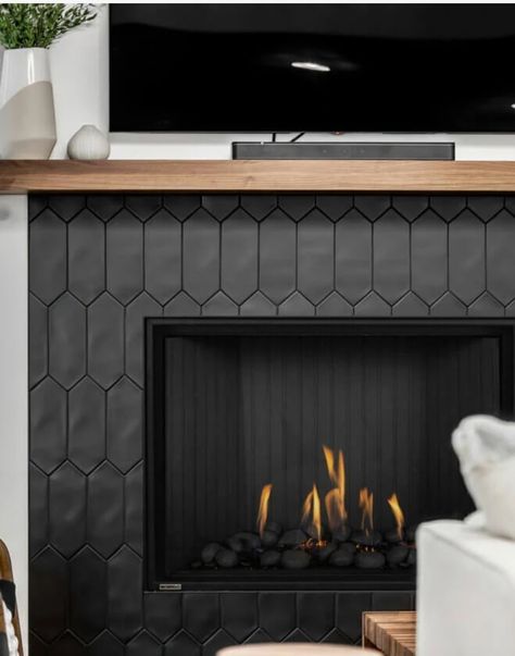 Black Matte Tile Fireplace, Fireplace With Dark Wood Mantle, Fireplace To Ceiling Stone, Mantel With Tile Fireplace, Tile On Fireplace Wall, Fireplace With Grey Floors, Black White And Brown Basement, Black Hexagon Fireplace Tile, Tile Faux Fireplace