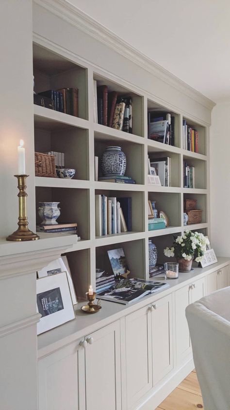 Shelf Built In, Built Ins Around French Doors, Greige Built Ins Living Room, Dining Room And Study Combined, Accent Built In Shelves, Custom Built In Bookcase, Built In Shelves Library Room, Large Trays For Ottomans, Built Ins With Cabinets