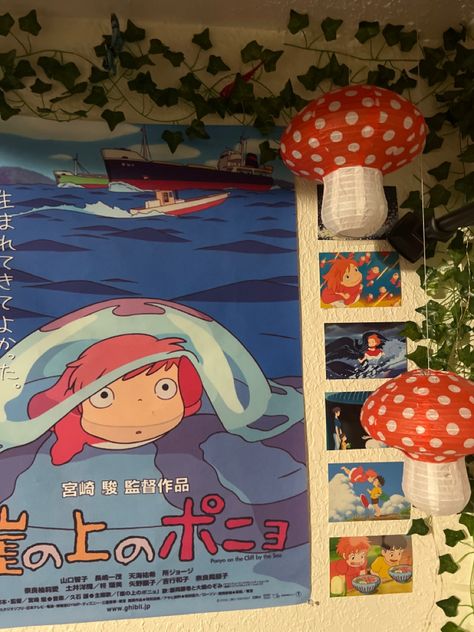 Ghibli Studio Aesthetic Room, Ponyo Aesthetic Room, Ponyo Room Aesthetic, Ponyo Themed Bedroom, Ghibli Core Bedroom, Ghiblicore Bedroom, Ponyo Room Decor, Ponyo Decor, Ponyo Room