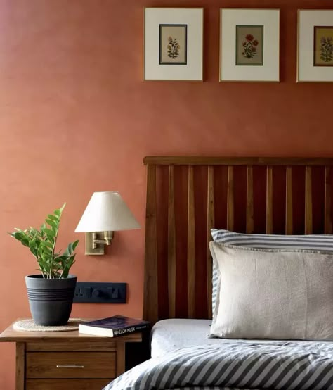 Terra Cotta Limewash Paint, Sienna Wall Color, Valspar Terra Cotta Paint Colors, Benjamin Moore Baked Terra Cotta, Terra Cotta Ceiling, Baked Terra Cotta Benjamin Moore, Terracotta Color Bedroom, Terra Cotta Walls Bedroom, Terra Mauve Benjamin Moore