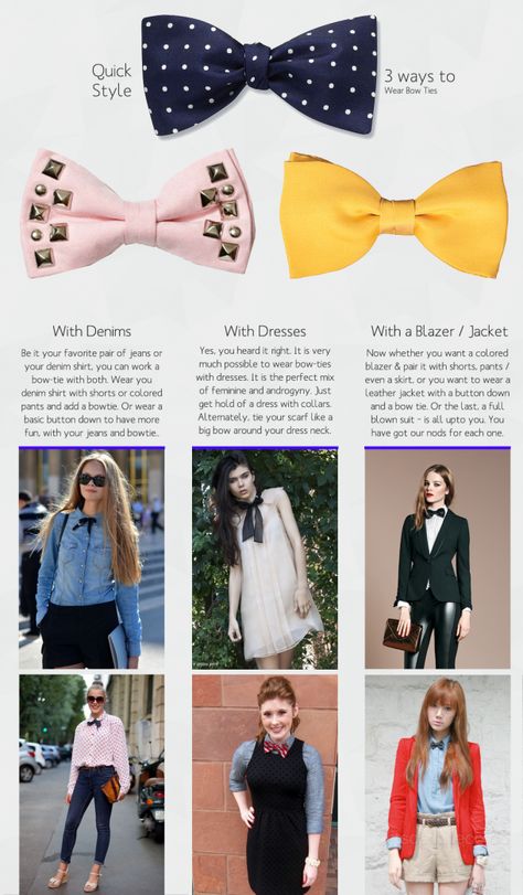 3 ways to wear a bow tie for women ! With denim... with a dress and with a coat or blazer ! Bow Tie For Women Outfits, Bowtie Women Outfit, Bow Tie Shirts Women Outfit, Bowtie Outfits For Women, Women Bow Tie Outfit, Shirt Bow Tie Women, Women Wearing Bowties, Women’s Outfit With Ties, Bow Tie Outfits For Women