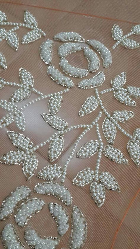 Pearl Embroidery Designs, Moti Work Blouse, Embroidery Dress Pattern, Embroidery Fashion Detail, Hand Beaded Embroidery, Hand Embroidery Dress, Diy Embroidery Designs, Bead Embroidery Tutorial, Hand Embroidery Patterns Flowers