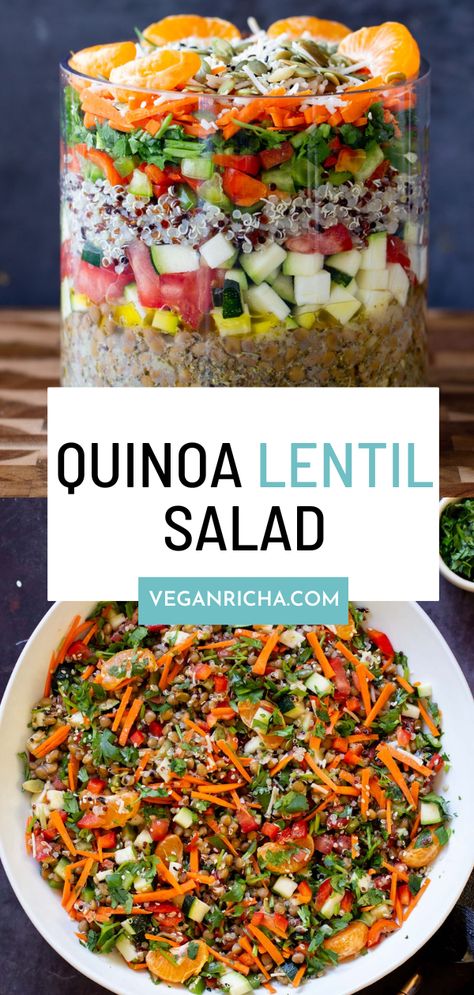 This lentil quinoa salad is packed with fresh, summery textures and flavors! The zesty dressing pairs perfectly with lots of crunchy veggies plus tender lentils and quinoa and sweet orange slices for a one-bowl meal that you can even make ahead. Adventist Diet, Power Salads, Quinoa Lentil, Lentil Quinoa, Veggie Mains, Quinoa Salads, Lentil Salad Recipes, Lentils And Quinoa, Pregnancy Recipes