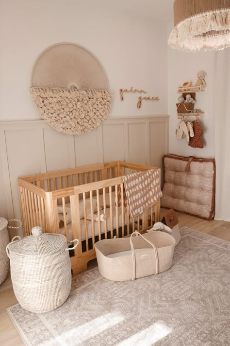 Beige Nursery Panelling, Beige Board And Batten Nursery, Nuetral Girl Nursery Ideas, Cute Boho Nursery, Neutral Rugs Nursery, Tan Neutral Nursery, Nursery Wall Board And Batten, Nursery Tan Walls, Textured Walls Nursery