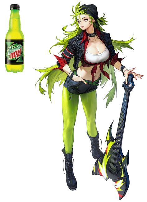 Rino Tuna, Rinotuna Art, Arte Punk, 캐릭터 드로잉, Mountain Dew, Korean Artist, 영감을 주는 캐릭터, Female Character Design, Green Hair