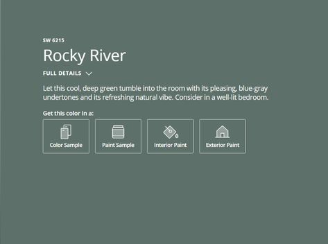 Rocky River SW 6215 | Green Paint Colors | Sherwin-Williams - Google Chrome Rocky River Paint Color, Sw Rocky River Paint, Rocky River Sherwin Williams Cabinets, Rocky River Paint, Sw Rocky River, Sherwin Williams Rocky River, Rocky River Sherwin Williams, Cactus House, Sherman Williams