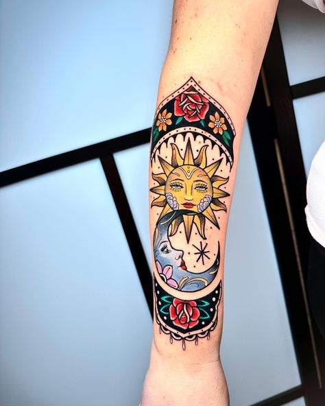 Traditional Moon Tattoo, Traditional Moon, Sun And Moon Tattoo, Inner Forearm Tattoo, American Traditional Tattoos, Moon Tattoo Designs, Sun Tattoos, Old School Tattoo Designs, Calf Tattoo