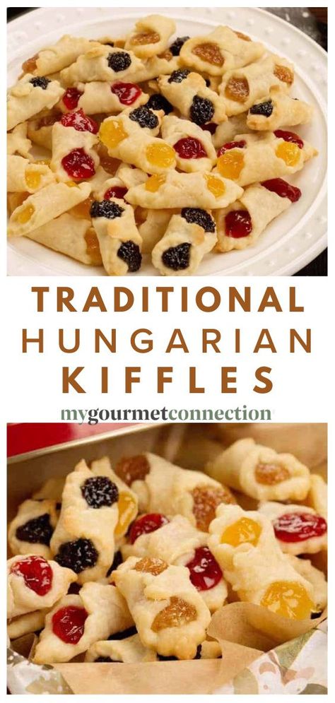 Hungarian Cream Cheese Cookies, Hungarian Recipes Appetizers, Kiffles Recipe Christmas, Hungarian Pastry Recipes, Hungarian Kolaches Recipe, Walnut Kiffles Recipe, Easy Hungarian Recipes, Hungarian Kifli Cookies, Hungarian Desserts Easy