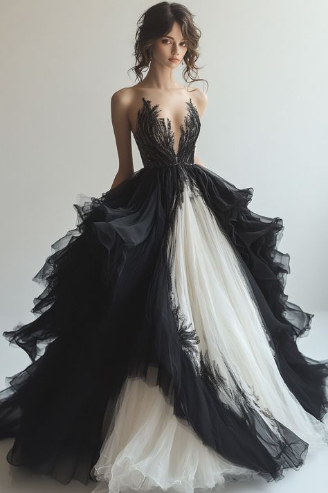 White And Black Ombre Wedding Dress, Black Swan Wedding Dress, Gothic Wedding Dress Black And White, Mundane Halloween, Corpse Bride Dress, Fantasy Wedding Dress, Black Wedding Gowns, Black And White Wedding Theme, Mermaid Style Dress