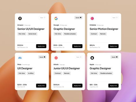 Job Cards (UI Components) by Kylinn Rich on Dribbble Job Card Design, Job Board Design, Ux Card Design, Website Cards Design, Ui Cards Design, Card Ui Design Mobile, Card Ui Design Website, Website Card Design, Search Ui Design